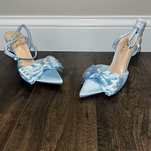 NWOT Lulus Light Blue Satin Rhinestone Bow Stiletto Heels